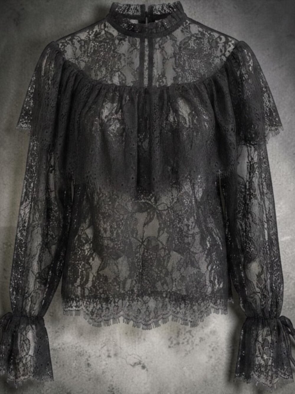 Endless Rose Black Lace Sheer Top Ruffled Flare Cuff Blouse Large Style AY975T-V